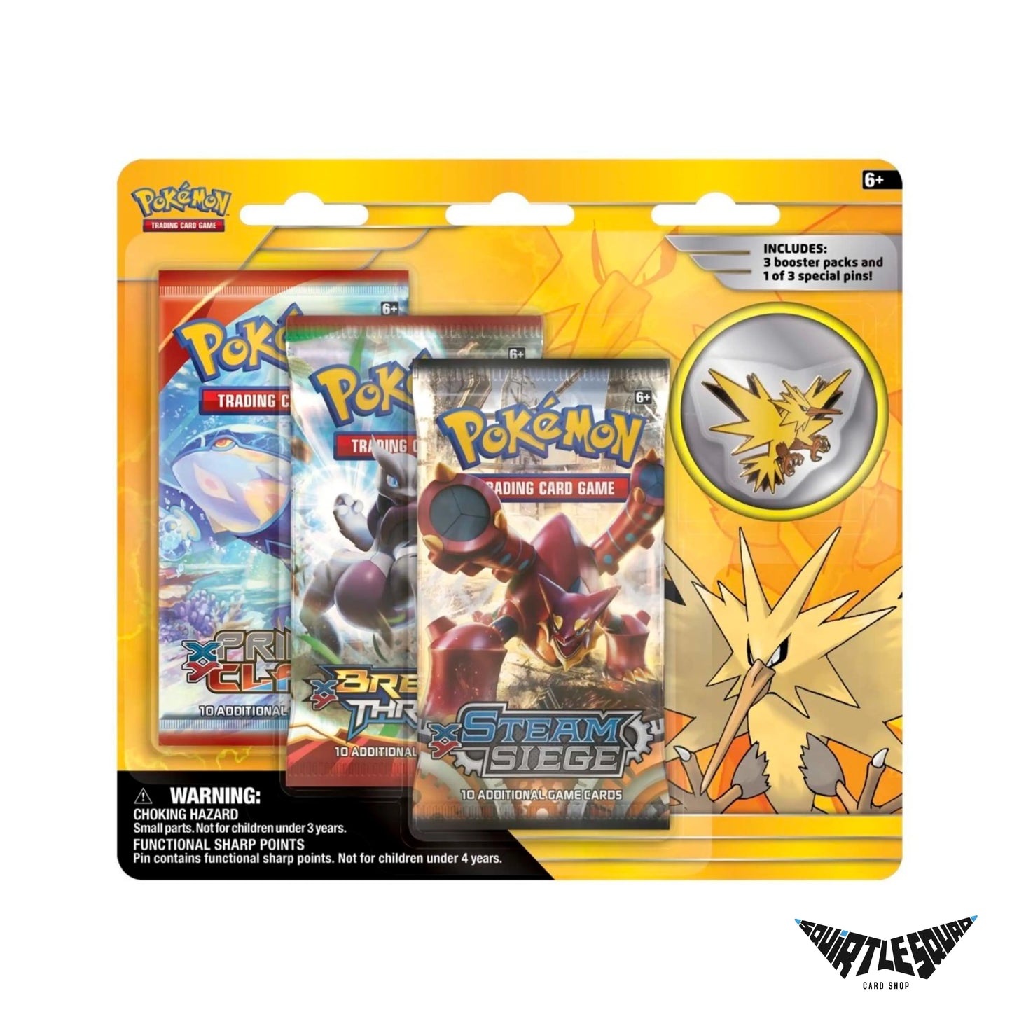 Pokémon TCG – Primal Clash / BREAKthrough / Steam Siege 3-Pack Blister – Zapdos Promo – Factory Sealed Squirtle Squad Card Shop.