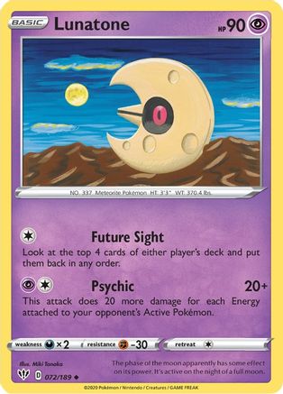 Lunatone 072 - Reverse Holofoil SWSH03 Darkness Ablaze - Uncommon SWSH03: Darkness Ablaze Pokemon Single Squirtle Squad Card Shop.