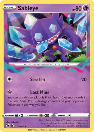 Sableye 070 - Holofoil SWSH11 Lost Origin - Holo Rare SWSH11: Lost Origin Pokemon Single Squirtle Squad Card Shop.