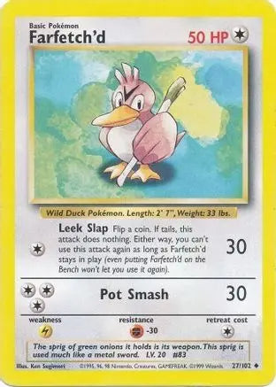 Farfetch'd 027/102 - Base Set Unlimited - Uncommon Pokémon Card Base Set Pokemon Single Squirtle Squad Card Shop.