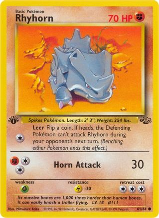 Rhyhorn 061 - 1st Edition Jungle - Common Jungle Pokemon Single Squirtle Squad Card Shop.