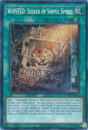 WANTED: Seeker of Sinful Spoils (Secret Rare) (RA03-EN074) - Quarter Century Bonanza 1st Edition Quarter Century Bonanza Yugioh Single Squirtle Squad Card Shop.