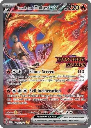 Front of Team Rocket's Moltres ex 229/182 Pokémon card with Destined Rivals stamp