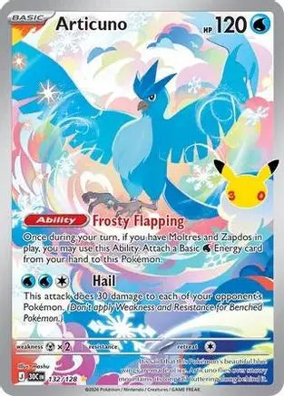 Articuno 132/128 - Holofoil ME 30th Celebration - Illustration Rare ME: 30th Celebration Pokemon Single Squirtle Squad Card Shop.