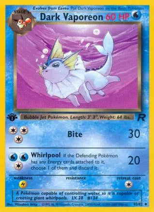 Dark Vaporeon 045 - 1st Edition Team Rocket - Uncommon Team Rocket Pokemon Single Squirtle Squad Card Shop.