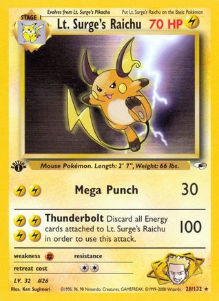 Lt. Surge's Raichu 028 - 1st Edition Gym Heroes - Rare Gym Heroes Pokemon Single Squirtle Squad Card Shop.