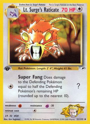 Lt. Surge's Raticate 051 - 1st Edition Gym Heroes - Uncommon Gym Heroes Pokemon Single Squirtle Squad Card Shop.