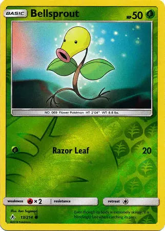 Bellsprout 013/214 - Reverse Holofoil SM Unbroken Bonds - Common SM - Unbroken Bonds Pokemon Single Squirtle Squad Card Shop.