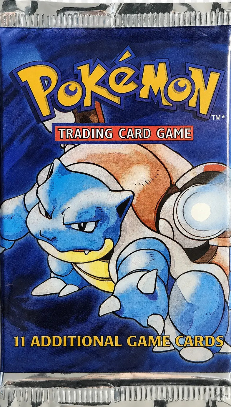 Blastoise artwork on the front of a Pokémon Base Set booster pack