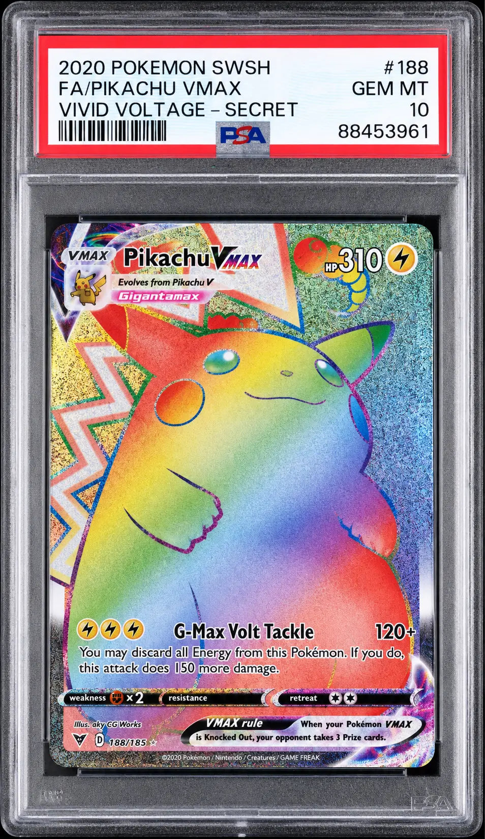 2020 Pokémon Pikachu VMAX 188/185 Vivid Voltage Secret Rare PSA 10 cert 88453961