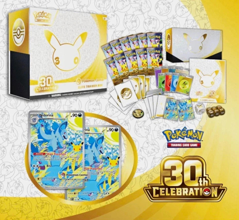 30th Celebration Pokémon Center Elite Trainer Box contents with booster packs, two Nidorina promos, sleeves, Energy cards and dice