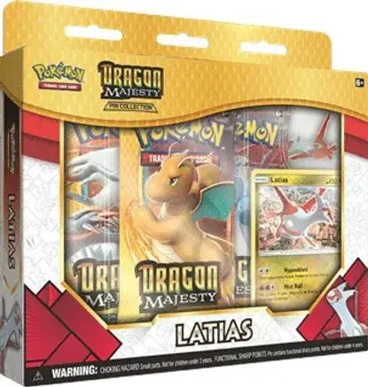 Sealed Pokémon TCG Dragon Majesty Pin Collection Latias box with Latias promo card, collector pin, and three Dragon Majesty booster packs