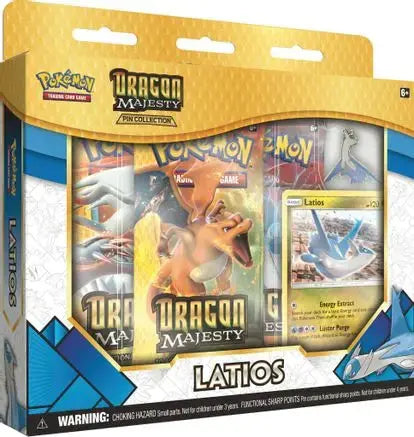 Sealed Pokémon TCG Dragon Majesty Pin Collection Latios box with Latios promo card, collector pin, and three booster packs