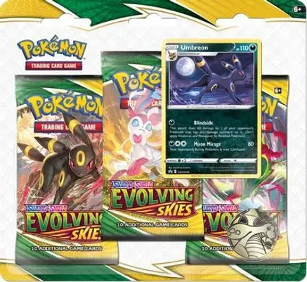 Sealed Pokémon TCG Sword & Shield Evolving Skies 3 Pack Blister Umbreon with three booster packs, promo card, coin, and code card