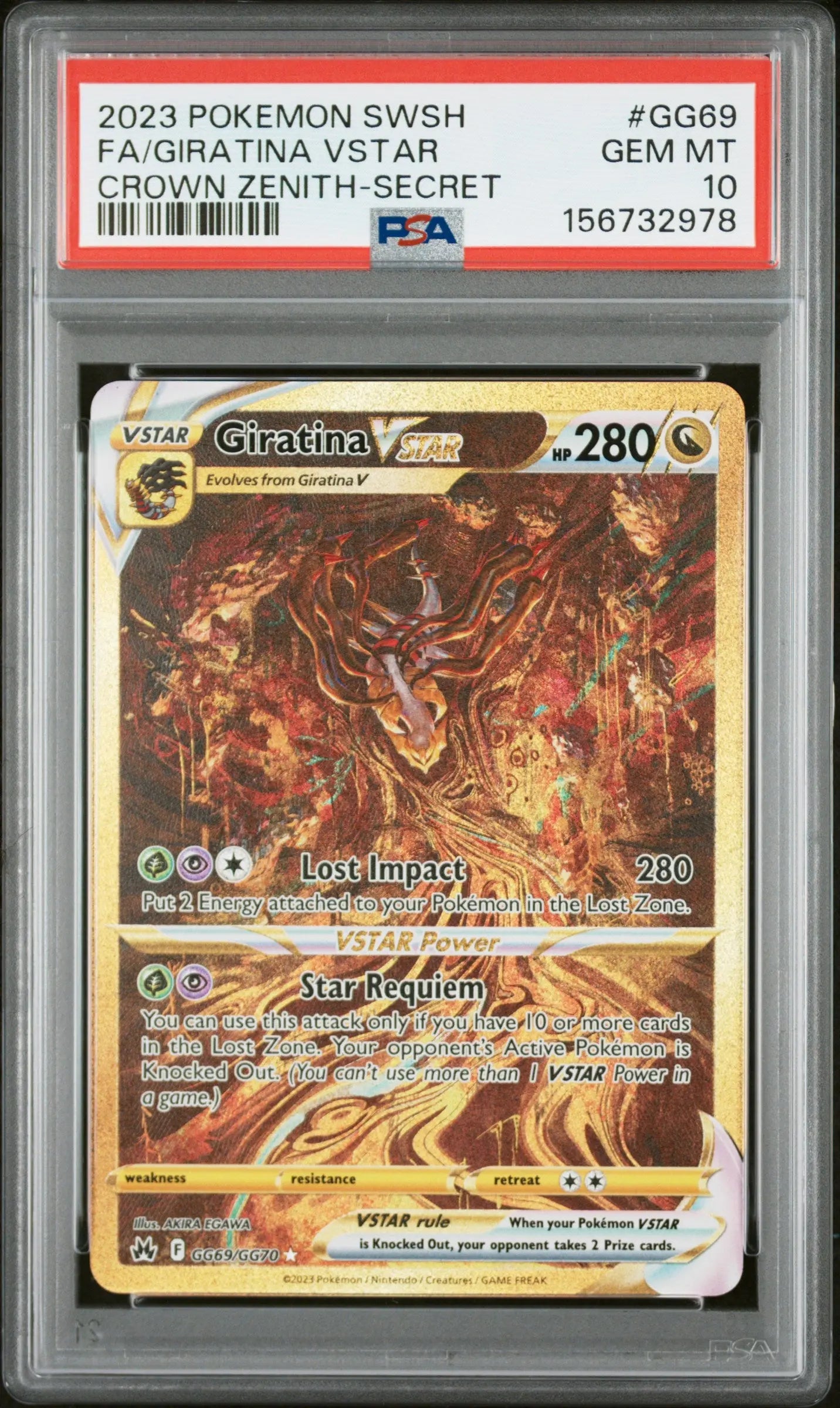 PSA 10 Gem Mint Pokémon TCG Giratina VSTAR GG69/GG70 Crown Zenith Secret Rare gold Galarian Gallery card in graded slab