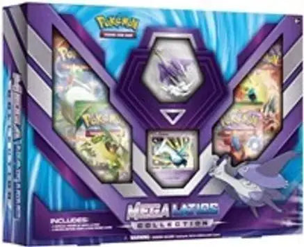 Sealed Pokémon TCG Mega Latios Collection English XY era box featuring Mega Latios figure, Latios promo card, and four booster packs
