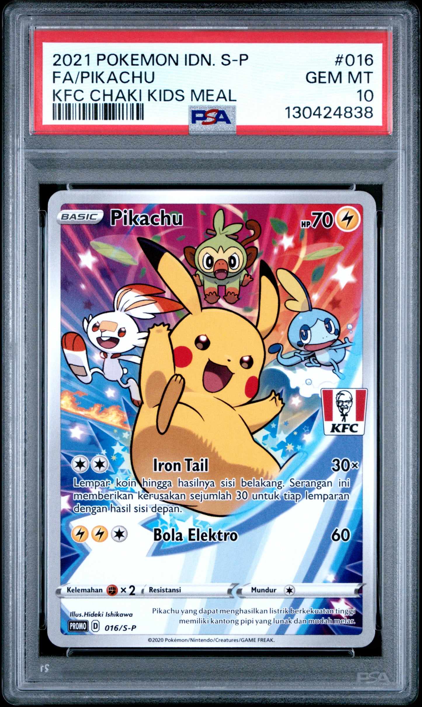 PSA 10 Gem Mint Pokémon TCG Pikachu 016/S-P Indonesian KFC Chaki Kids Meal Promo card featuring Pikachu, Grookey, Scorbunny, Sobble, and KFC logo