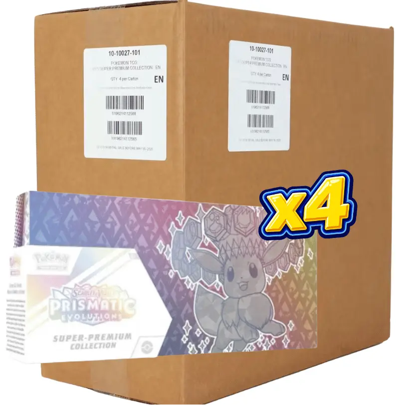 Sealed Pokémon TCG Scarlet & Violet Prismatic Evolutions Super-Premium Collection Case with four boxes, Eevee ex promos, booster packs, fuzzy deck boxes, playmats, sleeves, and code cards