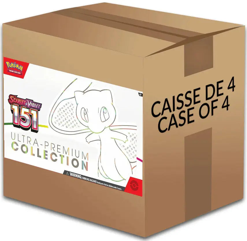Sealed Pokémon TCG Scarlet & Violet 151 Ultra-Premium Collection Case with four UPC boxes featuring Mew, Mewtwo, booster packs, promos, and accessories
