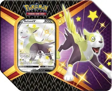 Factory sealed Pokémon TCG Shining Fates V Tin featuring Boltund V promo card, Shining Fates booster packs, and collectible metal tin packaging.