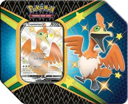 Factory sealed Pokémon TCG Shining Fates V Tin featuring Cramorant V promo card, Shining Fates booster packs, and collectible metal tin packaging.