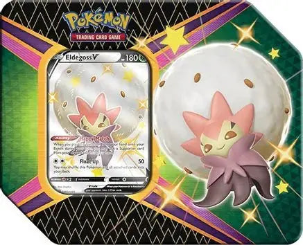 Factory sealed Pokémon TCG Shining Fates V Tin featuring Eldegoss V promo card, Shining Fates booster packs, and collectible metal tin packaging.