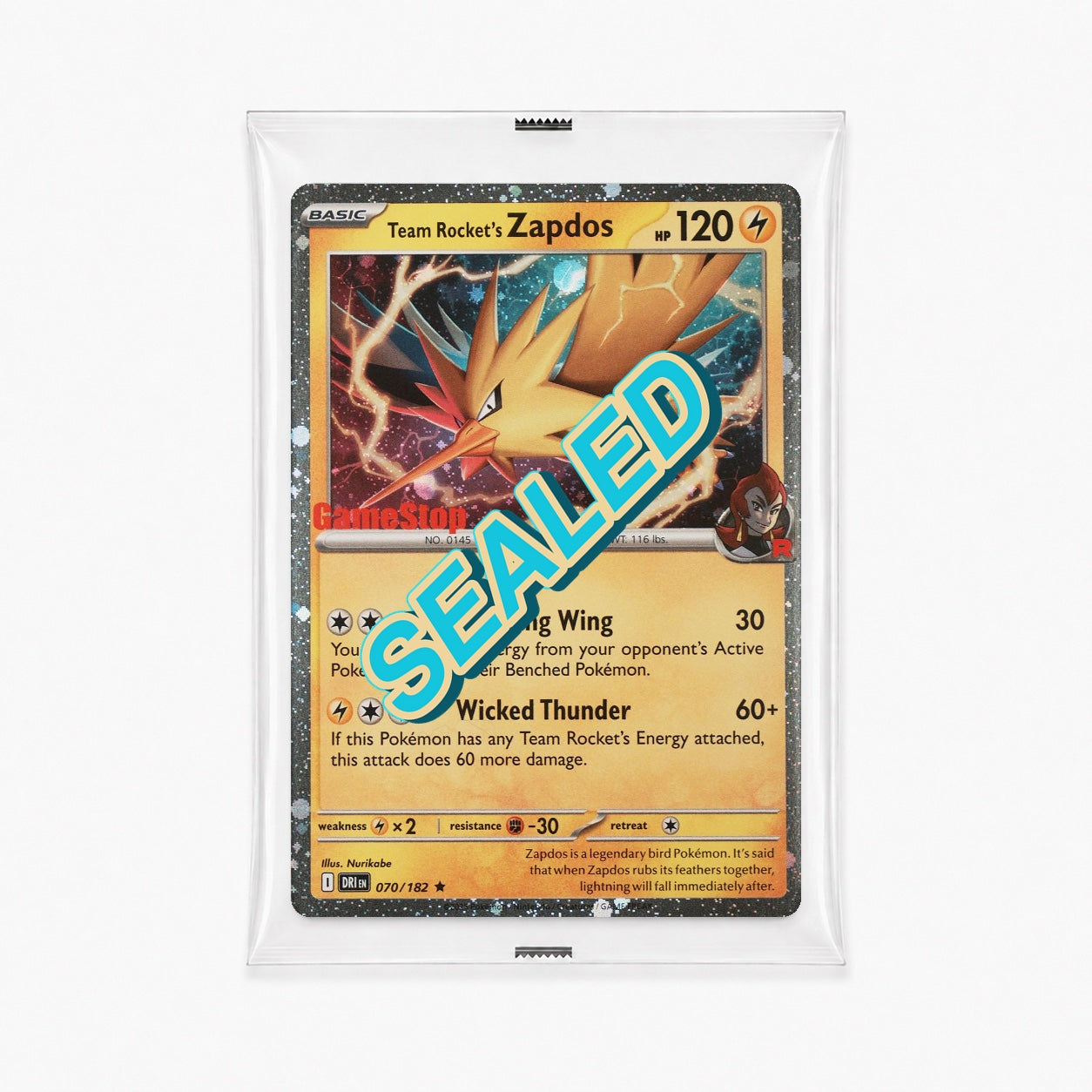 Team Rocket's Zapdos 070/182 Destined Rivals GameStop stamped Cosmos Holo sealed promo