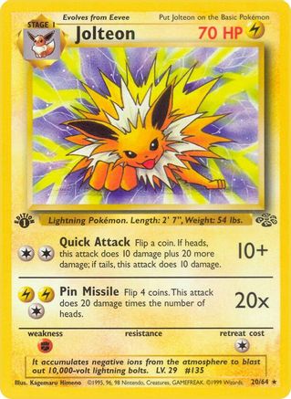 Jolteon (20) (20) 020  - 1st Edition Jungle - Rare Jungle Pokemon Single  Squirtle Squad Card Shop.