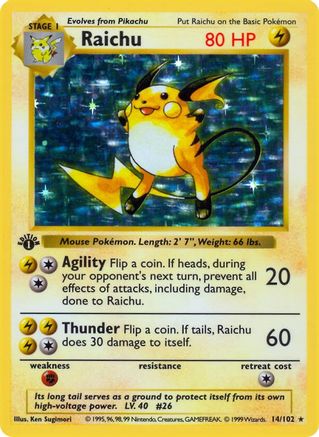 Raichu  - 1st Edition Holofoil Base Set Shadowless - Holo Rare Base Set (Shadowless) Pokemon Single  Squirtle Squad Card Shop.