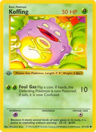 Koffing 051  - 1st Edition Base Set Shadowless - Common Base Set (Shadowless) Pokemon Single  Squirtle Squad Card Shop.