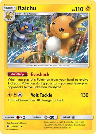 Raichu 041  - Reverse Holofoil SM  Burning Shadows - Holo Rare SM - Burning Shadows Pokemon Single  Squirtle Squad Card Shop.