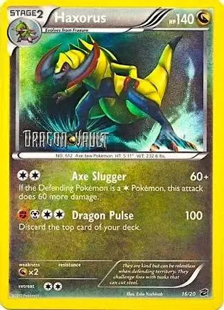 Front of Haxorus 16/20 Dragon Vault Pokémon card with Dragon Vault stamp