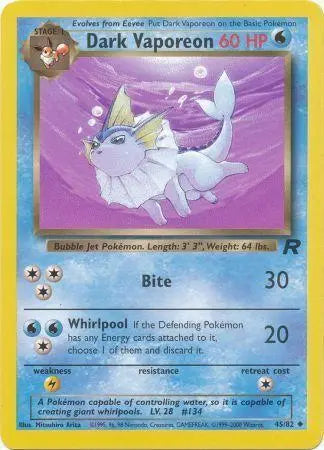 Dark Vaporeon 045  - Unlimited Team Rocket - Uncommon Team Rocket Pokemon Single  Squirtle Squad Card Shop.