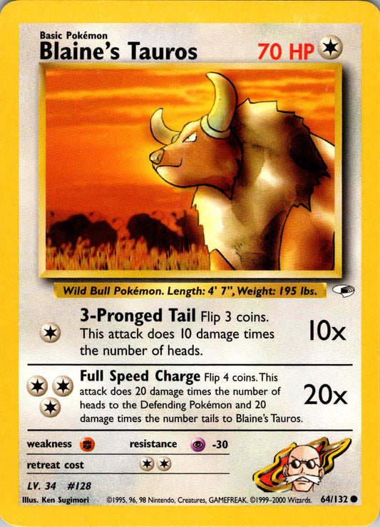 Blaine's Tauros 064  - Unlimited Gym Heroes - Common Gym Heroes Pokemon Single  Squirtle Squad Card Shop.