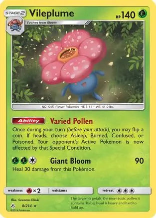 Vileplume 008/214 - Holofoil SM  Unbroken Bonds - Holo Rare SM - Unbroken Bonds Pokemon Single  Squirtle Squad Card Shop.