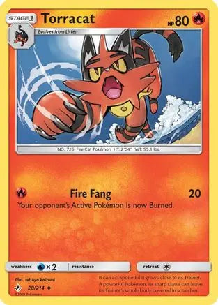 Torracat 028/214 - SM  Unbroken Bonds - Uncommon SM - Unbroken Bonds Pokemon Single  Squirtle Squad Card Shop.