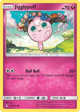 Jigglypuff 134  - Reverse Holofoil SM  Unbroken Bonds - Common SM - Unbroken Bonds Pokemon Single  Squirtle Squad Card Shop.