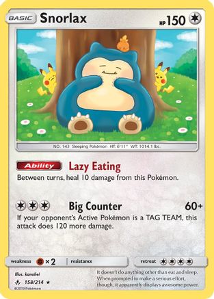Snorlax 158/214 Holo Rare – Unbroken Bonds Pokémon Card