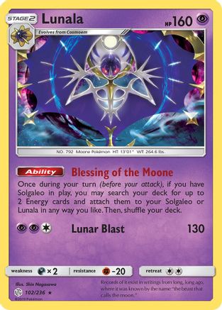 Lunala 102  - Holofoil SM  Cosmic Eclipse - Holo Rare SM - Cosmic Eclipse Pokemon Single  Squirtle Squad Card Shop.