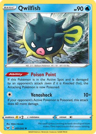 Qwilfish 051/202  - Reverse Holofoil SWSH01 Sword & Shield Base Set - Uncommon SWSH01: Sword & Shield Base Set Pokemon Single  Squirtle Squad Card Shop.
