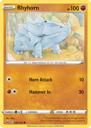 Rhyhorn (096) (096) 096  SWSH01 Sword & Shield Base Set - Common SWSH01: Sword & Shield Base Set Pokemon Single  Squirtle Squad Card Shop.