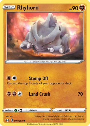 Rhyhorn (097) (097) 097  - Reverse Holofoil SWSH01 Sword & Shield Base Set - Common SWSH01: Sword & Shield Base Set Pokemon Single  Squirtle Squad Card Shop.