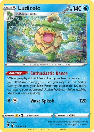 Ludicolo 034  - Reverse Holofoil SWSH07 Evolving Skies - Holo Rare SWSH07: Evolving Skies Pokemon Single  Squirtle Squad Card Shop.