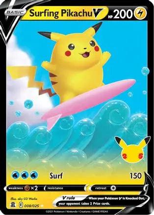Surfing Pikachu V 008  - Holofoil Celebrations - Ultra Rare Celebrations Pokemon Single  Squirtle Squad Card Shop.