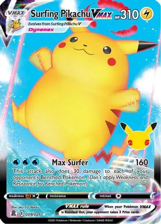 Surfing Pikachu VMAX 009  - Holofoil Celebrations - Ultra Rare Celebrations Pokemon Single  Squirtle Squad Card Shop.