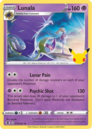 Lunala 015  - Holofoil Celebrations - Holo Rare Celebrations Pokemon Single  Squirtle Squad Card Shop.