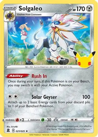 Solgaleo 021  - Holofoil Celebrations - Holo Rare Celebrations Pokemon Single  Squirtle Squad Card Shop.