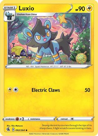 Luxio 092  SWSH08 Fusion Strike - Uncommon SWSH08: Fusion Strike Pokemon Single  Squirtle Squad Card Shop.