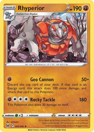 Rhyperior 091  SWSH11 Lost Origin - Rare SWSH11: Lost Origin Pokemon Single  Squirtle Squad Card Shop.