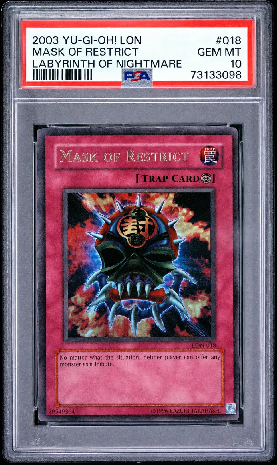 YU-GI-OH - Labyrinth Nightmare - 2003 Mask Of Restrict LON-018 - PSA 10 - POP 12 Squirtle Squad Card Shop.   Squirtle Squad Card Shop.